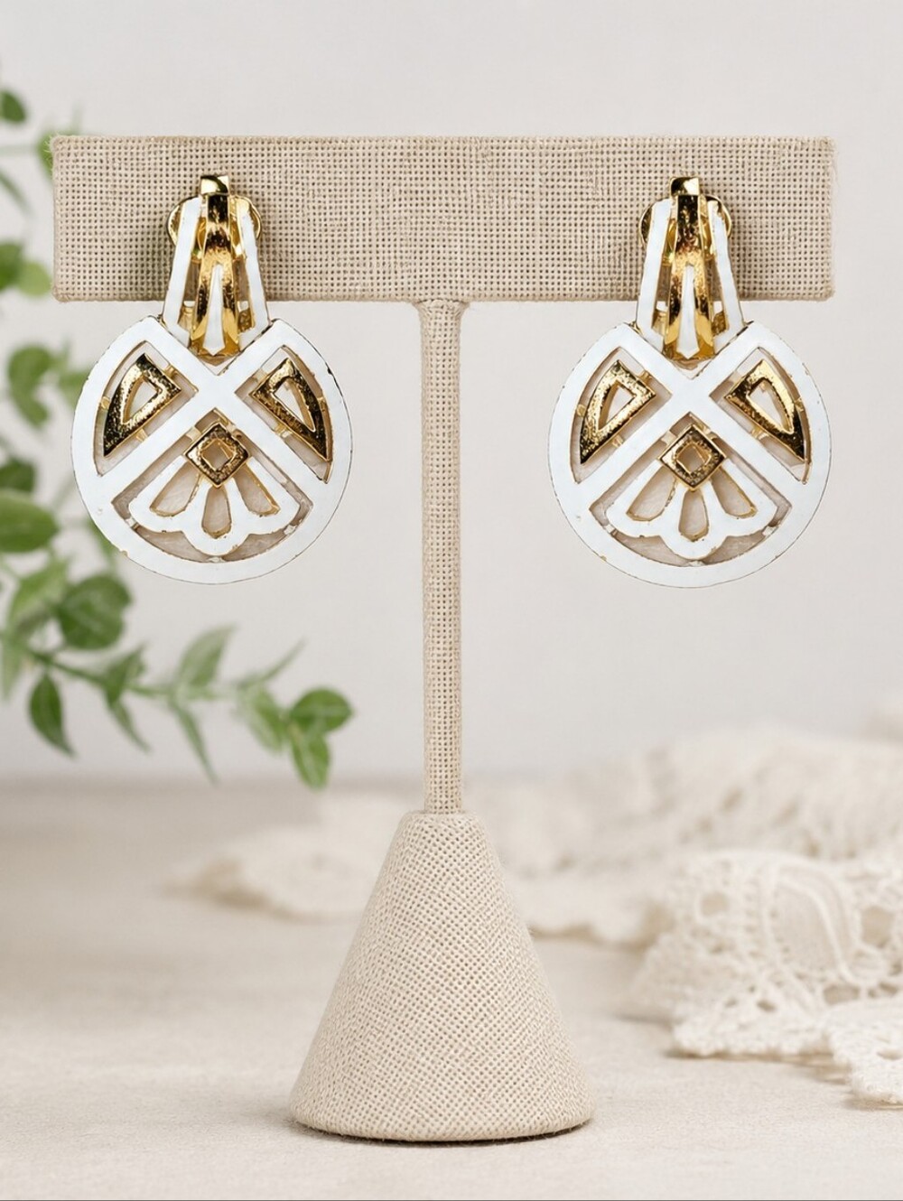 Signed Trifari White Enamel Gold Tone Geometric 1.5" Clip On Earrings Vintage